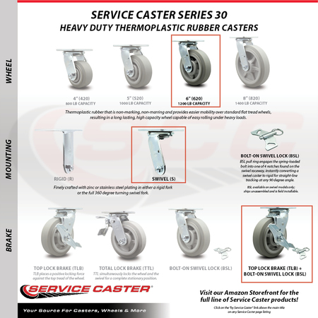 Service Caster 6 Inch Stainless Steel Thermoplastic Caster Set with 2 Brake/Swivel Lock 2 Rigid SCC-SS30S620-TPRRF-TLB-BSL-2-R-2